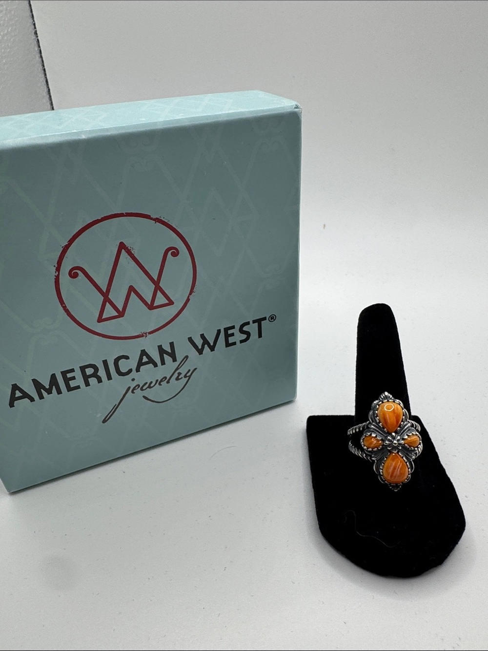 American West Orange Cabochon Silver-Tone Floral Ring